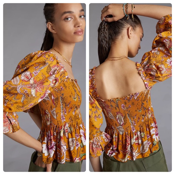 Anthropologie smocked Sweetheart Blouse Yellow Motif (consistently Apply) - Picture 13 of 15
